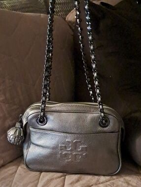 Tory Burch Soft Leather Silver/Pewter Chain-Strap Shoulder Bag
